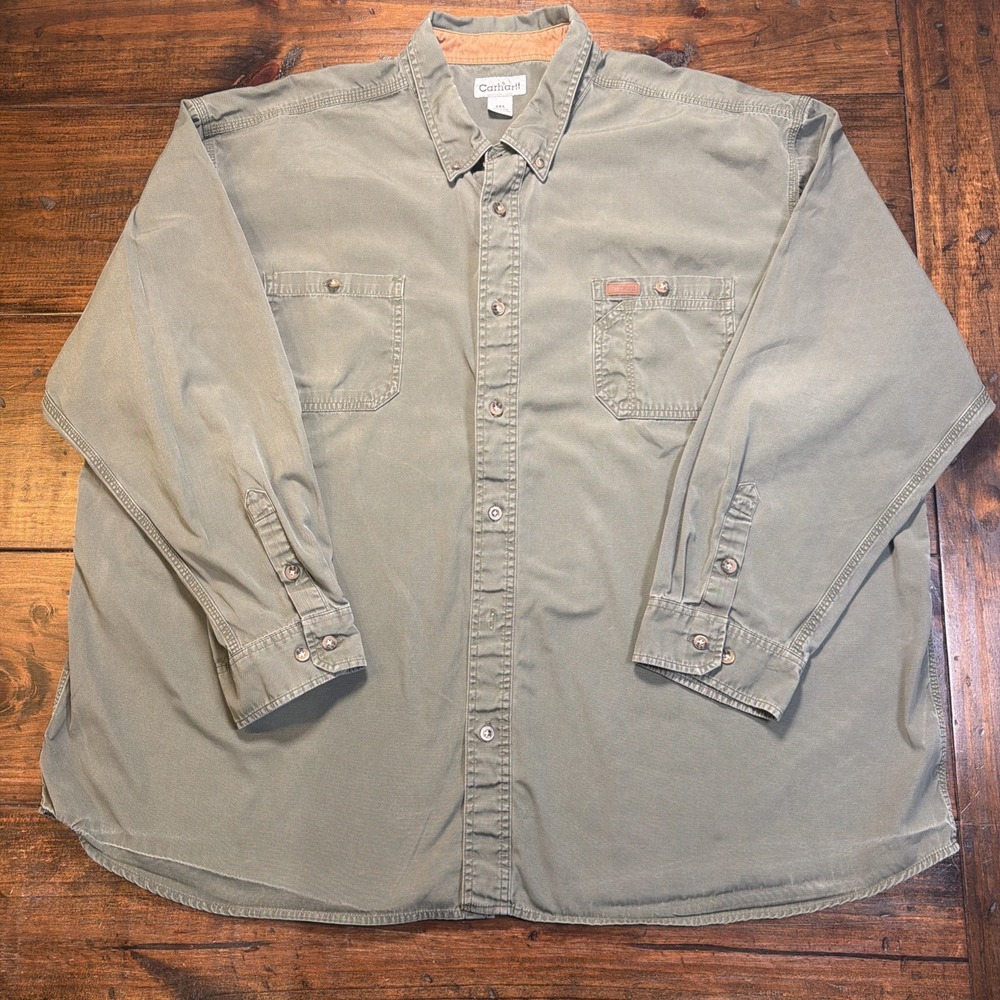 Carhartt Men's 4XL Green Long Sleeve Work Shirt Button Front Cotton